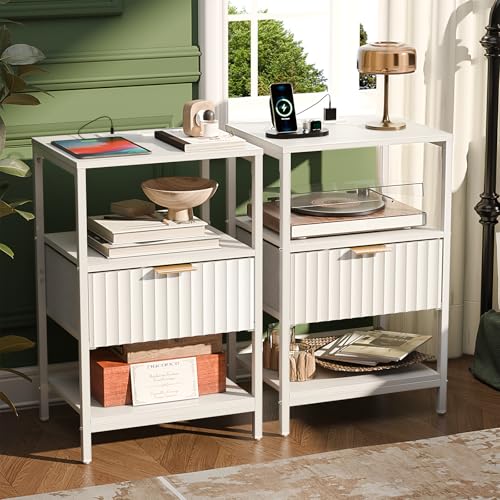 VINGLI Nightstands Set of 2 with Fabric Drawer, White Nightstands with Charging Station, Fluted Night Stand/Bedside Table, Small Night Stand for Bedroom, Bed Side Table with Charging Station, 2 pcs - color: White, size: 15"W-1 Drawer 2 Shelf