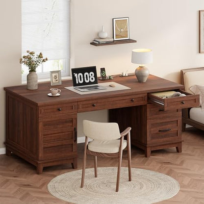 Garvee 60" Wooden Home Office Desk with File Drawers, Executive Desk with Adjustable Cabinet, Farmhouse Wood Desk with Power Outlet, Distressed Study and Work Table, Rustic Brown - color: Rustic Brown, size: 60" W