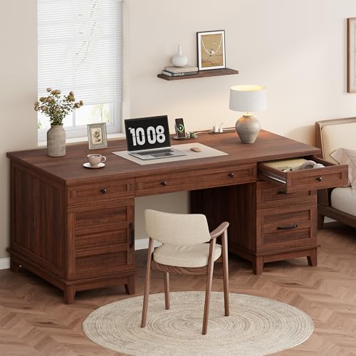 Garvee 60" Wooden Home Office Desk with File Drawers, Executive Desk with Adjustable Cabinet, Farmhouse Wood Desk with Power Outlet, Distressed Study and Work Table, Rustic Brown - color: Rustic Brown, size: 60" W