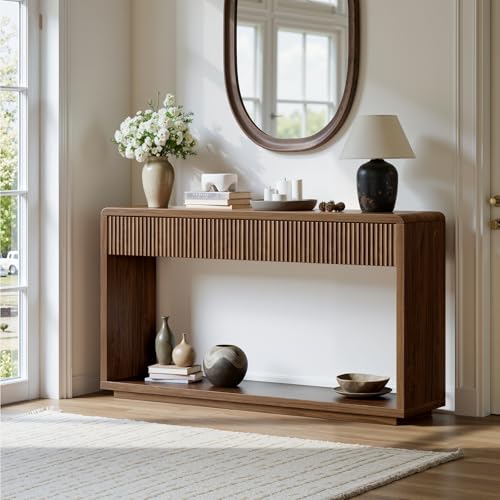 Evermagin 59'' Walnut Entryway Table with Drawers, Fluted Console Table, Mid Century Modern Sofa Table with Storage for Living Room, Entrance, Hallway - color: Walnut