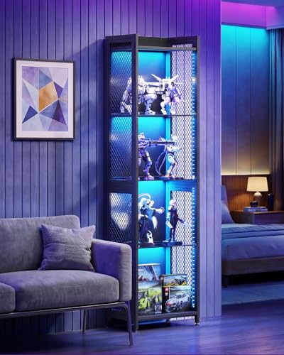 AODK Display Case with LED Lights, Display Cabinet with Open Glass Shelves for Small Space, 4-Tier Corner Display Shelf with Industrial Mesh, Curio Cabinet for Collectibles, Bookcase - size: 63 Inch