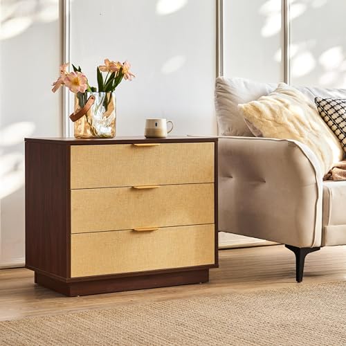 Saint Mossi Modern Nightstand with 3 Drawers, Large Rattan Night Stand, Natural Wood Bedside Table Storage Cabinet, Sofa End Tables Dresser for Living Room, Hallway, Closet, D27xW16xH23 - size: 1 Set 3 Drawer