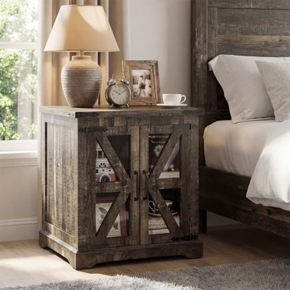 Farmhouse End Table, 24" Large End Tables with Storage, Rustic Square Sofa Beside Table with Glass Barn Door, Wood Side Table Square Nightstand for Living Room, Bedroom, Office (Antique Finish) - color: Antique Finish