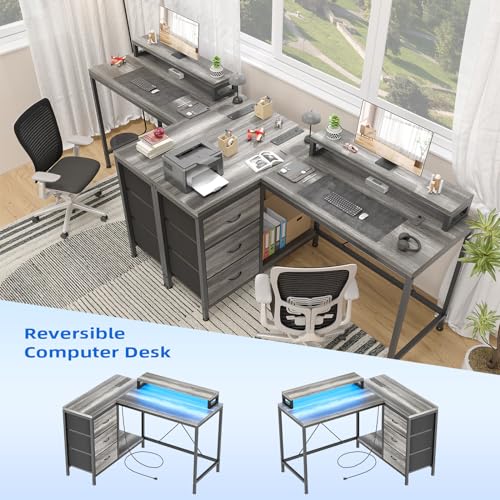 Patikuin L Shaped Desk with Power Outlets & LED Lights, Computer Desk with Drawers & Shelves, Corner Desk Gaming Desk Home Office Desk, Oak - color: Oak