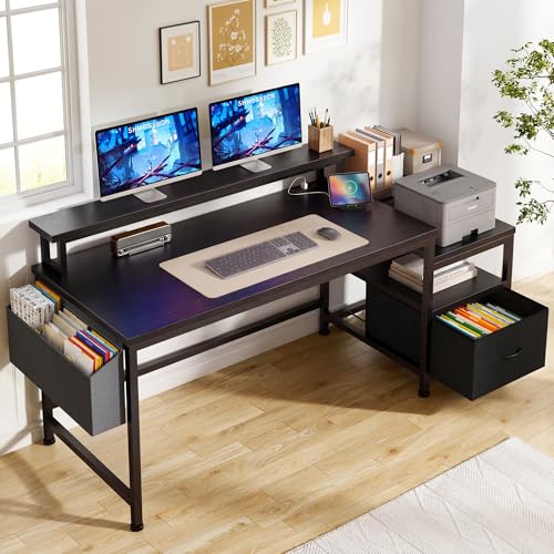 EnHomee 56.5" Office Desk with Drawers & Printer Space for Home Work,Black | Computer Desk with 3 AC Outlets& 2 USB Ports,40"*7" Long Monitor Stand,Side Pockets with Storage Space,Home Office,Bedroom - color: Black, size: 56.5 IN