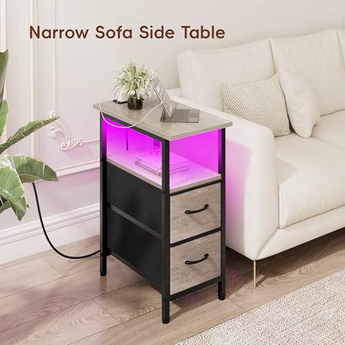 Vagusicc Set of 2 Nightstand with Charging Station and LED Lights, Narrow Side Table, LED Night Stand with 2 Fabric Drawers, Bedside Table Small End Table, Tall Nightstand for Bedroom, Rustic Grey - color: Greige, size: 2, style: With LEDs