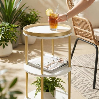 Small Round Side Table, Gold Round End Table with White Shelves, 3-Tier Modern Nightstand for Bedroom & Living Room, 21.7" H Narrow Gold Accent Table for Small Spaces, Dorm, Nursery (White & Gold) | Gold Round End Table with White Shelves, Nightstand for