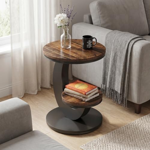 Tribesigns Round End Table with 2-Tier Shelf Storage,C Shaped Wood Side Table for Couch with Metal Frame,Modern Nightstand Accent Table for Living Room,Bedroom,Small Space (Brown) - color: Brown