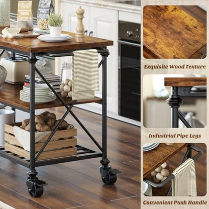 Homieasy Kitchen Island Cart with Wheels, 3-Tier Wood and Metal Rolling Kitchen Island Table with Pipe Legs, Storage Shelves & Lockable Casters for Kitchen Dining Room, Rustic Brown - color: Rustic Brown