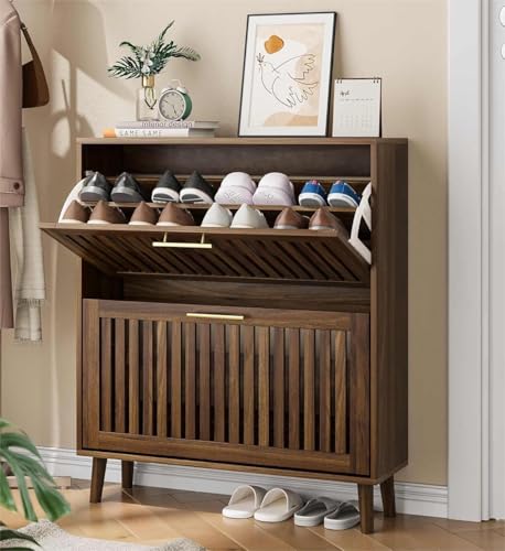Shoe Cabinet for Entryway, Slim Wooden Shoe Storage Cabinet with 2 Flip Louvered Drawers, Freestanding Shoe Rack Organizer Cabinet for Hallway, Living Room, Walnut (31.5''W) - color: Walnut-31.5"w