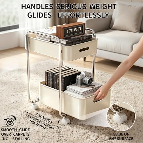 PureBox 2-Tier Metal Rolling Utility Cart with Slide-Out Drawer,Sturdy Solid Board Utility Cart for Under Desk,with Lockable Wheels Mobile Storage Organizer for Office,Living Room,Kitchen,Cream White