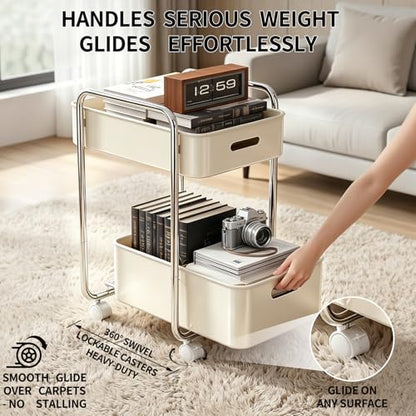 PureBox 2-Tier Metal Rolling Utility Cart with Slide-Out Drawer,Sturdy Solid Board Utility Cart for Under Desk,with Lockable Wheels Mobile Storage Organizer for Office,Living Room,Kitchen,Cream White