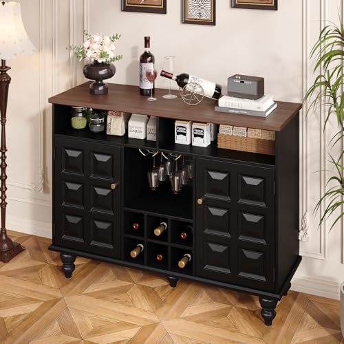 Vabches Modern Sideboard Buffet Cabinet, 46" Mid Century Liquor Whiskey Coffee Bar Station with Wine Rack and Glass Holder, Kitchen Wine Bar Cabinet with Storage Table for Living Dining Room