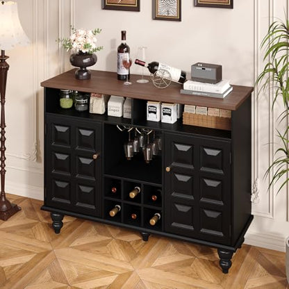 Vabches Modern Sideboard Buffet Cabinet, 46" Mid Century Liquor Whiskey Coffee Bar Station with Wine Rack and Glass Holder, Kitchen Wine Bar Cabinet with Storage Table for Living Dining Room