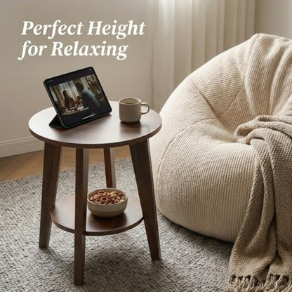 Small Round Side Table-17.7" Cute End Table with 2-Tier Storage | Waterproof Low Nightstand for Kids Room,Nursery,Small Spaces,Plant Stand&Bean Bag(Walnut)