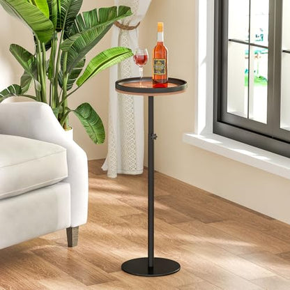 Round Side Table, Small Drink Table for Small Spaces, Modern Adjustable Height Martini Pedestal Table for Couch Living Room Bathroom Bedroom, Brown - color: Walnut Brown + Black