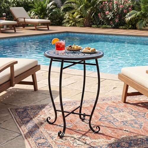 Giantex Outdoor Side Table, Blooming Lotus Mosaic Patio Accent Table, 14" Coffee End Table, Indoor Outdoor Metal Plant Stand for Porch Garden Balcony Desk - style: Blooming Lotus