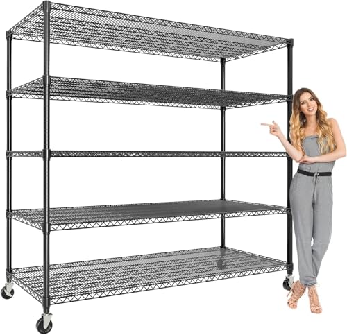 Garvee 3300LBS Storage Shelves 5 Tier Metal Shelving with Wheels, 82" H | 23.6"D,Heavy Duty, Wire Shelving Rack, Adjustable, Shelf Organizers for Garage Kitchen Pantry, Tool-Free Assembly, Black - size: 23.6"D x 59"W x 82.6"H(5-Tier)