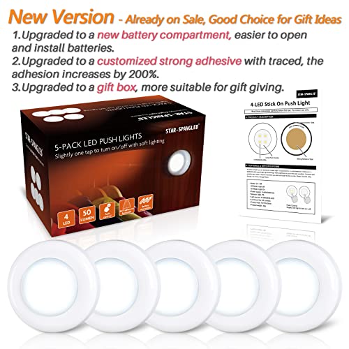 STAR-SPANGLED Push Tap Light, 2.8” Mini Night Touch LED Puck Lamp, Portable Under Cabinet Lighting AAA Battery Operated Powered, DIY Stick On Lights for Closet, Counter, Kitchen, Cool White, 5 Pack - color: White