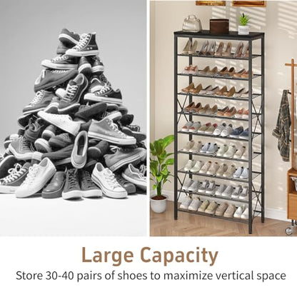 10-Tier Shoe Rack Organizer, Large Shoe Shelf with Metal Shelves, X Frames, Adjustable Shelves, Holds 40 Pairs, Black - color: Black, size: 27.8"L x 10.8"W x 65.7"H