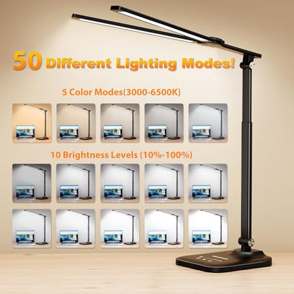 CHARYJOD LED Desk Lamp for Office Home, Height Adjustable Architect Desk Light with USB Adapter, Stepless Dimming Desk Lamp Light for Reading, Study, Workbench - color: Black