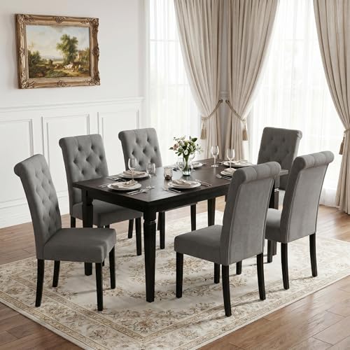 LSSBOUGHT Upholstered Dining Chairs Set of 6,Tufted Parsons Kitchen Chair with Solid Wood Legs, Modern Towel Fabric Side Chair for Dining Room/Restaurant(6pcs,Gray) - color: Gray-fabric, size: Set of 6