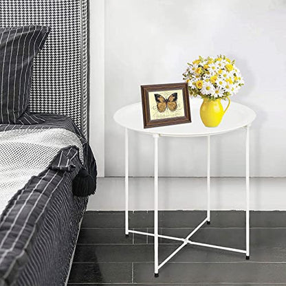 Garden 4 you End Table Metal Side Table Round Folding Tray Cyan Sofa Small Accent Fold-able Table, Round End Table Tray, Next to Sofa Table, Snack Table for Living Room and Bed Room,White - color: White