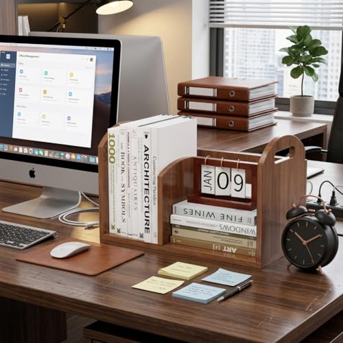 100% Solid Wood Adjustable Desktop Bookshelf, Retro Tabletop Book Shelf File Holder, Vertical Bookshelf Divider Desk Shelf for Home School Office Organization, Perfect for Books Magazine (Brown) - color: Brown