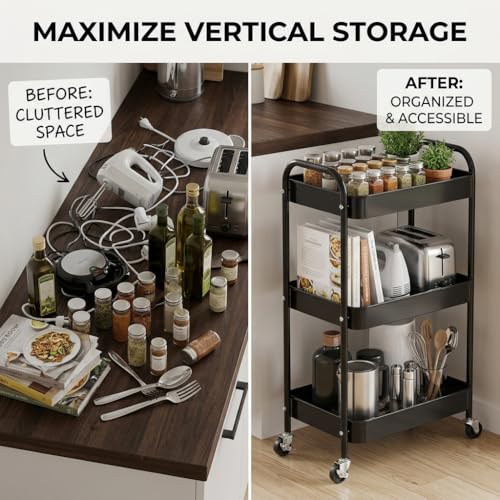 3-Tier Rolling Utility Cart with Ergonomic Handles and Mesh Bottom - Metal Storage Organizer Mobile Shelf Unit on Wheels for Kitchen, Bathroom, Office, Pantry, and Nursery, Black