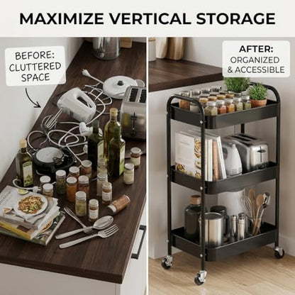3-Tier Rolling Utility Cart with Ergonomic Handles and Mesh Bottom - Metal Storage Organizer Mobile Shelf Unit on Wheels for Kitchen, Bathroom, Office, Pantry, and Nursery, Black