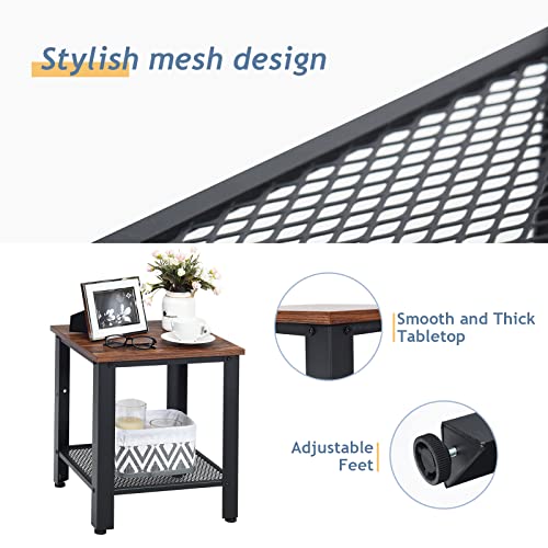 Small Side Table, 2-Tier End Table with Mesh Shelves & Metal Frame, Industrial Sofa Side Table w/Adjustable Feet for Living Room, Nightstand for Small Space, Dorm, Bedroom (1)