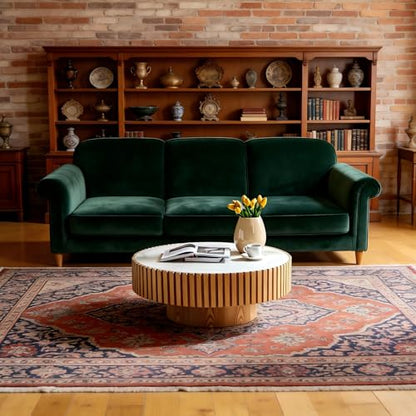 Round Coffee Table Wood Ø35.43'' X 13.77''H Drum Coffee Tables Sintered Stone Tabletop for Living Room Small Space Fluted Circle Cocktail Tea Modern Center Apartment Home Furniture Easy Assembly - color: 35.43 Wood Sintered