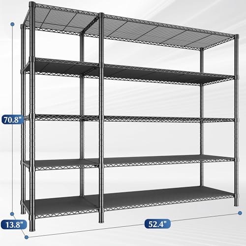 Romorgniz Storage Shelves, 1200 Load Heavy-Duty & L-Shaped, for Kitchen | 5 Tier shelf 52.36" W,Waterproof & rust-resistant,flexible L/H shaped,Tool-free Assembly, Adjustable shelves,Pantry shelf - size: 13.78"D x 52.36"W x 70.8"H