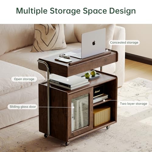 Solid Wood Side Table for Living Room, Bedroom, Walnut | Movable, Flip Top, 7 Angle Adjustment, Ample Storage - color: Walnut