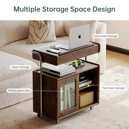 Solid Wood Side Table for Living Room, Bedroom, Walnut | Movable, Flip Top, 7 Angle Adjustment, Ample Storage - color: Walnut