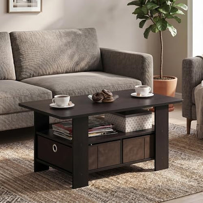 Small Modern Coffee Table with Storage, Bin Drawer Side Table, Coffee Table for Bedroom, Home Office, Living Room, Dark Walnut - color: Dark Walnut