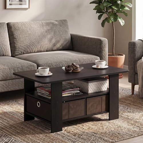 Small Modern Coffee Table with Storage, Bin Drawer Side Table, Coffee Table for Bedroom, Home Office, Living Room, Dark Walnut - color: Dark Walnut