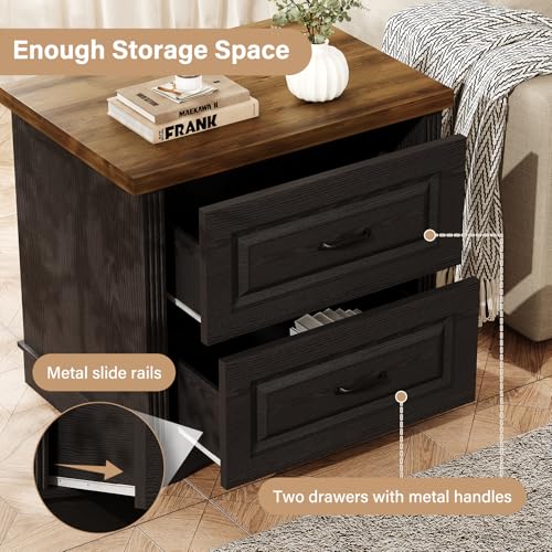 Catrimown 24" Wide Farmhouse Nightstand, Large End Table with 2 Drawers, Side Table Chest of Drawers Cabinet, Night Stand for Bedroom, Living Room, Black - color: Black