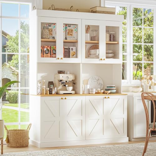 ivaniti 71" Tall Farmhouse Kitchen Pantry, Large Storage Cabinet with Glass Doors, Freestanding Coffee Bar Hutch with Microwave Stand, Adjustable Shelves for Kitchen, Living Room, White, Set of 2 - color: White, size: 2A