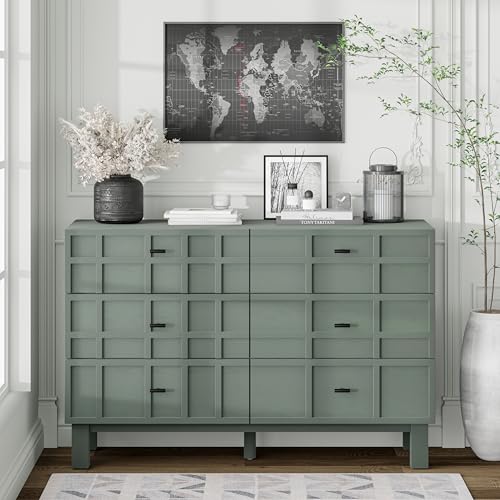 Aoikax Modern 6 Drawer Double Dresser with Grid Carved Pine Front, Minimalist Chest of Drawers with Large Storage Space Metal Base for Bedroom, Ash Veneered Top, Metal Legs, Light Green - color: 6 Drawer, size: 1-PACK