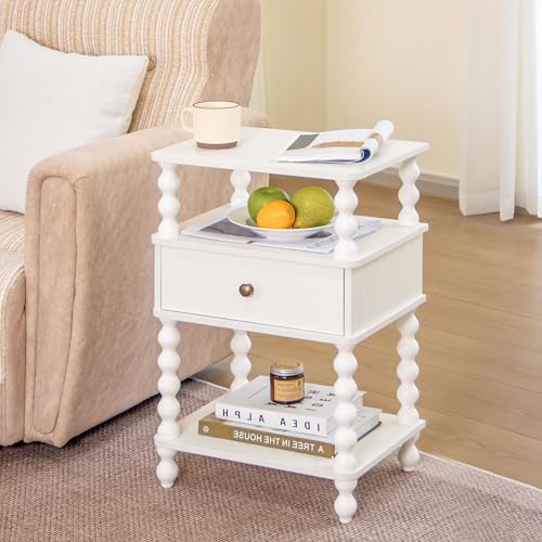AWASEN White Nightstand, Bed Side Table Bedroom with Drawer, 3-Tier Small Night Stand End Table with Storage for Small Spaces &Solid Wood Spindle Legs, White - color: White