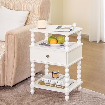AWASEN White Nightstand, Bed Side Table Bedroom with Drawer, 3-Tier Small Night Stand End Table with Storage for Small Spaces &Solid Wood Spindle Legs, White - color: White