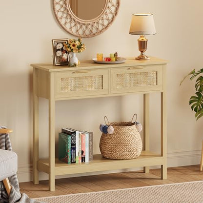 Trironsun Farmhouse Rattan Console Table with 2 Drawers 2 Tier Boho Narrow Long Sofa Table Natural with Open Storage Shelf Wood Entryway Table for Living Room Hallway Foyer (Nature, 39.4 Inch) - color: Nature