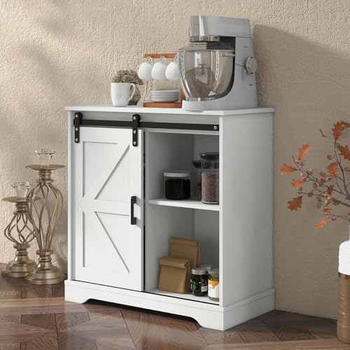 Panana Sliding Barn Door Buffet Sideboard Storage Cabinet Coffee Bar Kitchen Farmhouse Style (White) - color: White