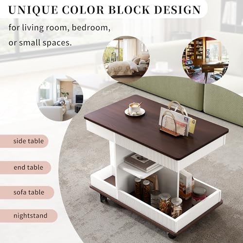 Merax Adjustable End Table with Wheels, Modern Multifunctional Sofa Side Table with Lift-Top, 360°Rotating Top and Storage Space for Living Room, Small Space, Brown+White - color: Brown+white