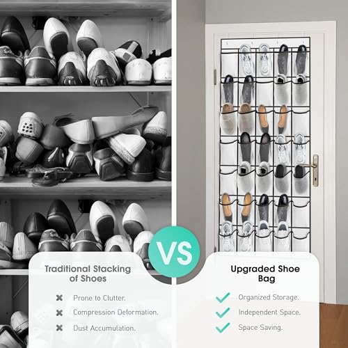 WVM Over the Door Shoe Organizer with 35 Breathable Mesh Pockets, Hanging Shoe Organizer for Door with 4 Metal Hooks, Large Capacity Closet Storage for Shoes, Accessories, White - style: White