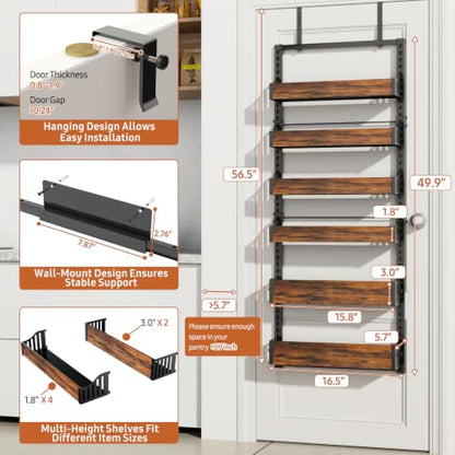 Over the Door Pantry Organizer: Storage and Pantry Organization with Hanging Basket - 6-Tier Metal Spice Rack Adjustable Shelves for Kitchen Laundry Room Bedroom & Bathroom Black - size: 6-Tier