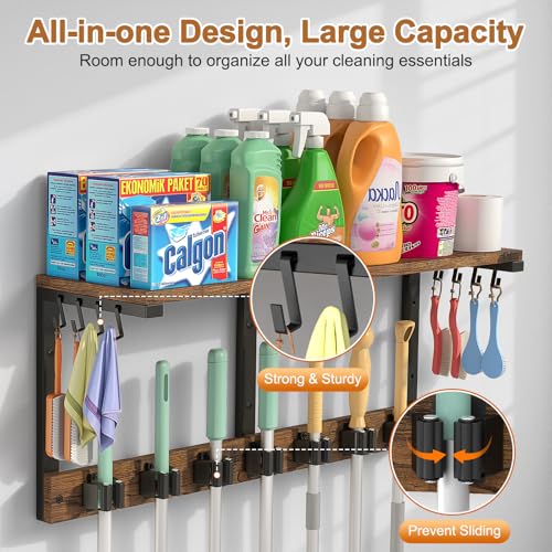 Housolution Wall Mount Broom Holder Laundry Room Storage Organizer Shelves | Thickened Metal Frame, 100 LBS High Load-Bearing, Large Capacity, Multifunctional with 7 Grippers & 8 Hooks - size: 7 Grippers with 1 Tier Shelf