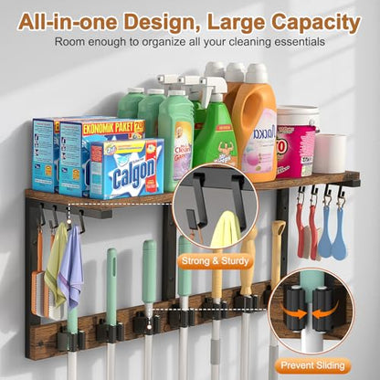 Housolution Wall Mount Broom Holder Laundry Room Storage Organizer Shelves | Thickened Metal Frame, 100 LBS High Load-Bearing, Large Capacity, Multifunctional with 7 Grippers & 8 Hooks - size: 7 Grippers with 1 Tier Shelf