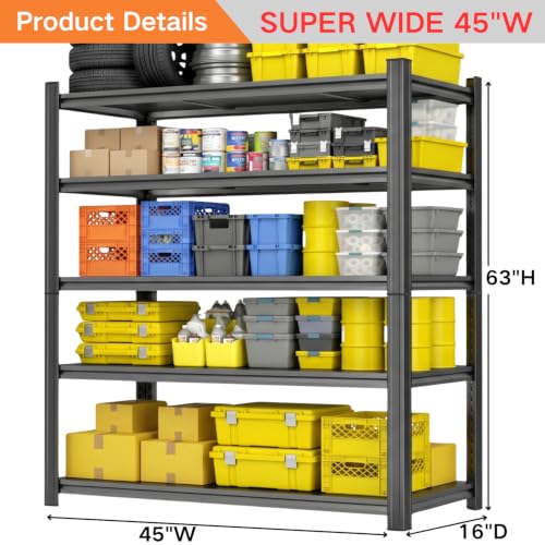 Garage Shelving, Heavy Duty Storage Shelves, Adjustable Boltless Units | Metal Shelving with Double Layer Posts, Industrial Steel Shelving for Garage Basement Warehouse Kitchen, Black, 63H*45W*16D - size: 45W*63H*16D-5T
